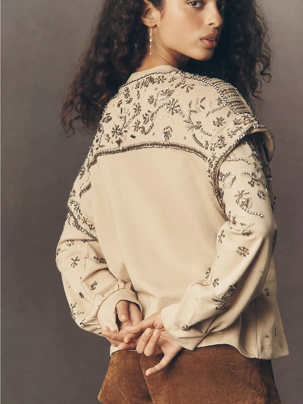 Pilcro Beige Embellished Crewneck Sweatshirt